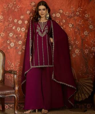 Purple silk blend embroidered readymade suit set 3