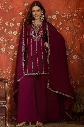 Purple silk blend embroidered readymade suit set