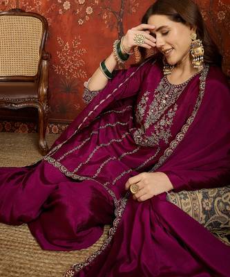 Purple silk blend embroidered readymade suit set 4