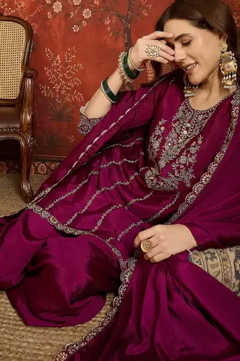 Purple silk blend embroidered readymade suit set