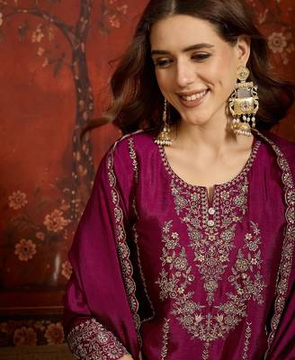 Purple silk blend embroidered readymade suit set 5