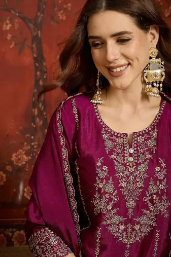 Purple silk blend embroidered readymade suit set