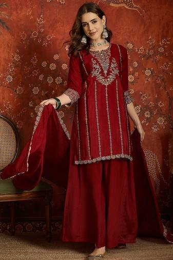Maroon silk blend embroidered readymade suit set