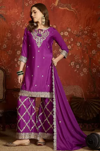 Purple silk blend embroidered readymade suit set
