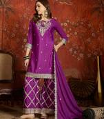 Purple silk blend embroidered readymade suit set