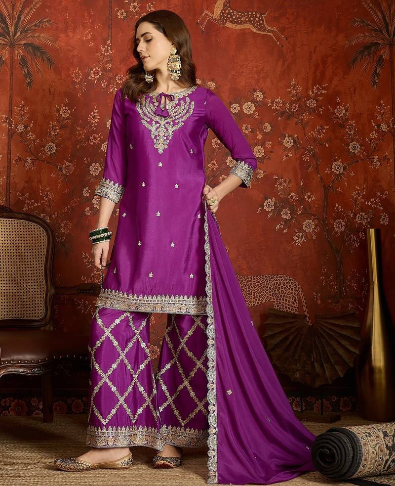 Purple silk blend embroidered readymade suit set