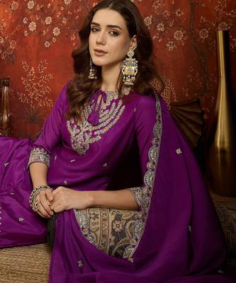 Purple silk blend embroidered readymade suit set 2