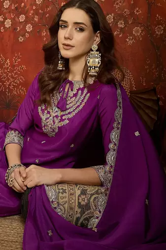 Purple silk blend embroidered readymade suit set