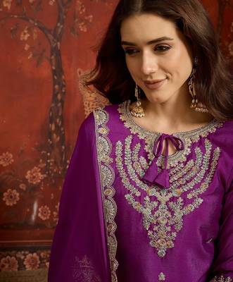 Purple silk blend embroidered readymade suit set 3