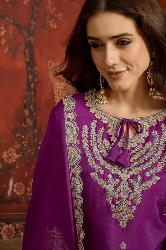 Purple silk blend embroidered readymade suit set