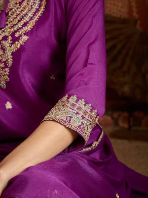 Purple silk blend embroidered readymade suit set 4