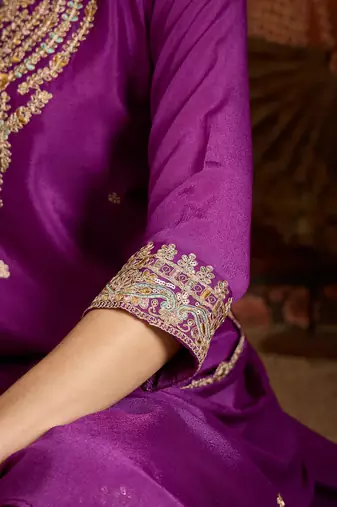 Purple silk blend embroidered readymade suit set