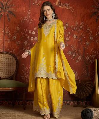 Mustard silk blend embroidered readymade suit set 1