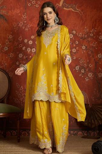 Mustard silk blend embroidered readymade suit set