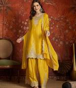 Mustard silk blend embroidered readymade suit set