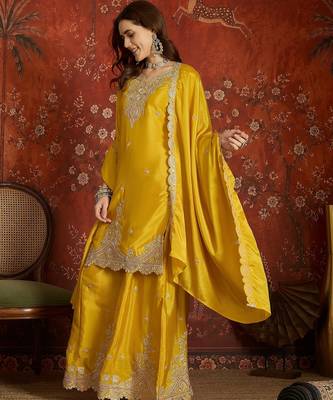 Mustard silk blend embroidered readymade suit set 2