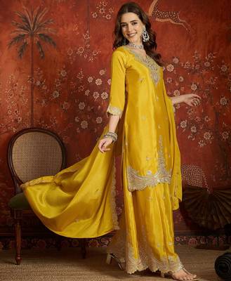 Mustard silk blend embroidered readymade suit set 3