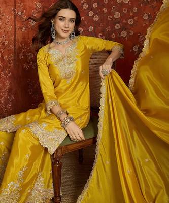 Mustard silk blend embroidered readymade suit set 4
