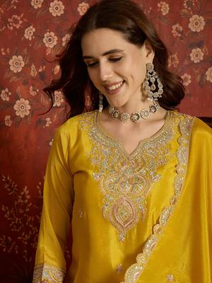 Mustard silk blend embroidered readymade suit set 5