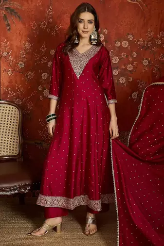 Purple silk blend embroidered readymade suit set