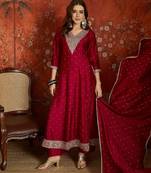 Purple silk blend embroidered readymade suit set