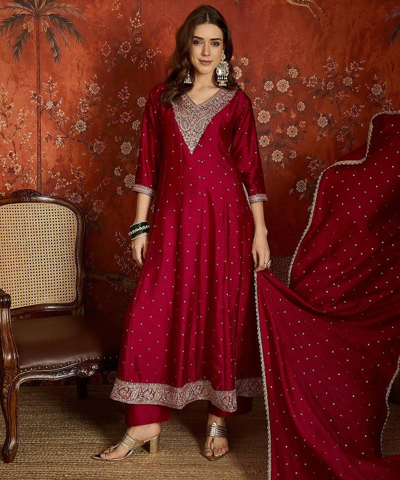 Purple silk blend embroidered readymade suit set