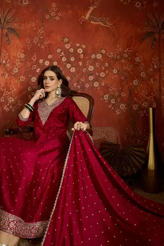 Purple silk blend embroidered readymade suit set