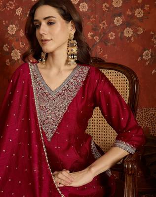 Purple silk blend embroidered readymade suit set 3