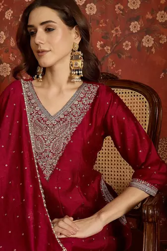 Purple silk blend embroidered readymade suit set