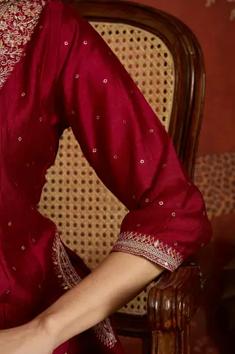 Purple silk blend embroidered readymade suit set