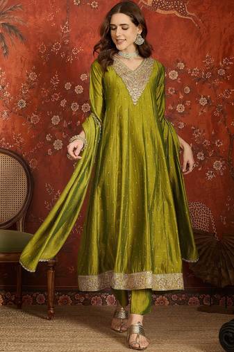 Green silk blend embroidered readymade suit set