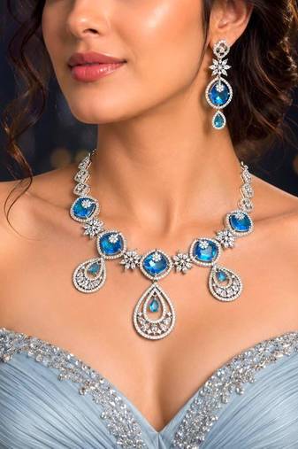 Blue Cubic Zirconia Bridal Jewelry Set, Silver Statement Necklace Earrings, Sapphire Wedding Prom Evening
