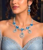 Blue Cubic Zirconia Bridal Jewelry Set, Silver Statement Necklace Earrings, Sapphire Wedding Prom Evening