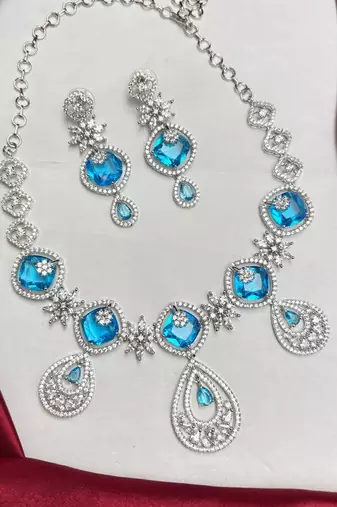 Blue Cubic Zirconia Bridal Jewelry Set, Silver Statement Necklace Earrings, Sapphire Wedding Prom Evening
