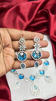 Blue Cubic Zirconia Bridal Jewelry Set, Silver Statement Necklace Earrings, Sapphire Wedding Prom Evening 3