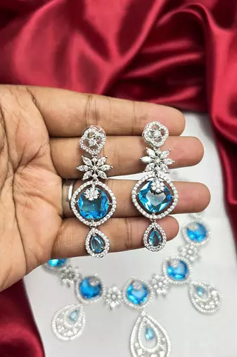 Blue Cubic Zirconia Bridal Jewelry Set, Silver Statement Necklace Earrings, Sapphire Wedding Prom Evening