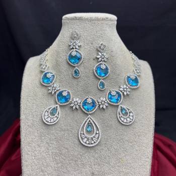 Blue Cubic Zirconia Bridal Jewelry Set, Silver Statement Necklace Earrings, Sapphire Wedding Prom Evening 4
