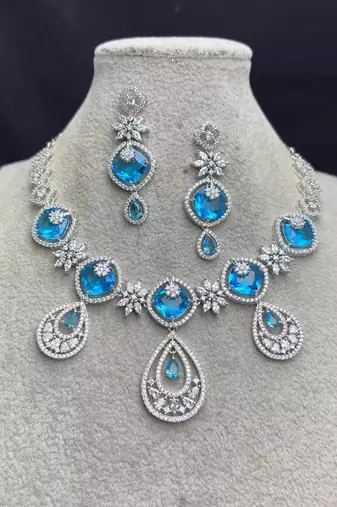 Blue Cubic Zirconia Bridal Jewelry Set, Silver Statement Necklace Earrings, Sapphire Wedding Prom Evening