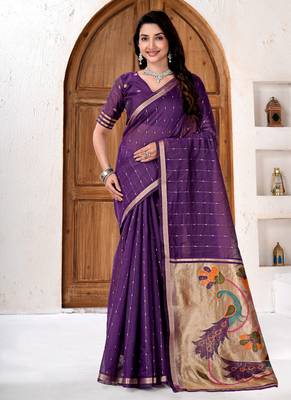 Womens elegant dark purple cotton silk saree with golden zari border and paithani inspired pallu with blouse 1