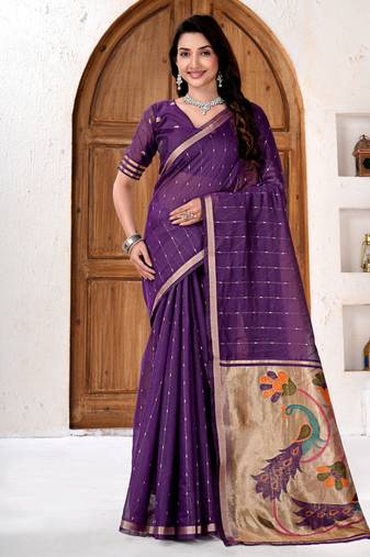 Womens elegant dark purple cotton silk saree with golden zari border and paithani inspired pallu with blouse