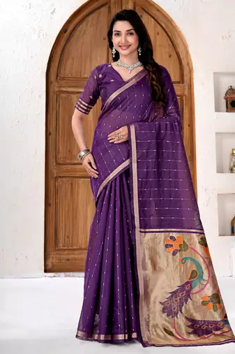 Womens elegant dark purple cotton silk saree with golden zari border and paithani inspired pallu with blouse