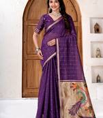 Womens elegant dark purple cotton silk saree with golden zari border and paithani inspired pallu with blouse