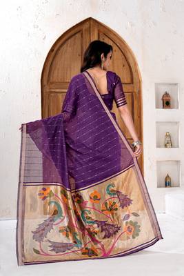Womens elegant dark purple cotton silk saree with golden zari border and paithani inspired pallu with blouse 2
