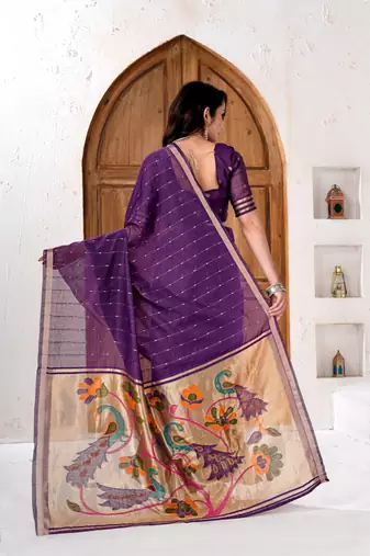 Womens elegant dark purple cotton silk saree with golden zari border and paithani inspired pallu with blouse