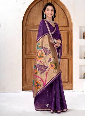 Womens elegant dark purple cotton silk saree with golden zari border and paithani inspired pallu with blouse 3