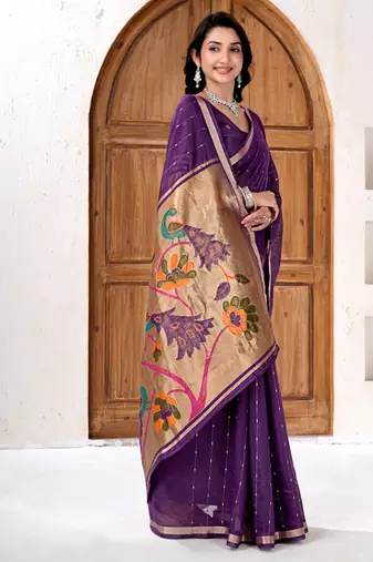 Womens elegant dark purple cotton silk saree with golden zari border and paithani inspired pallu with blouse