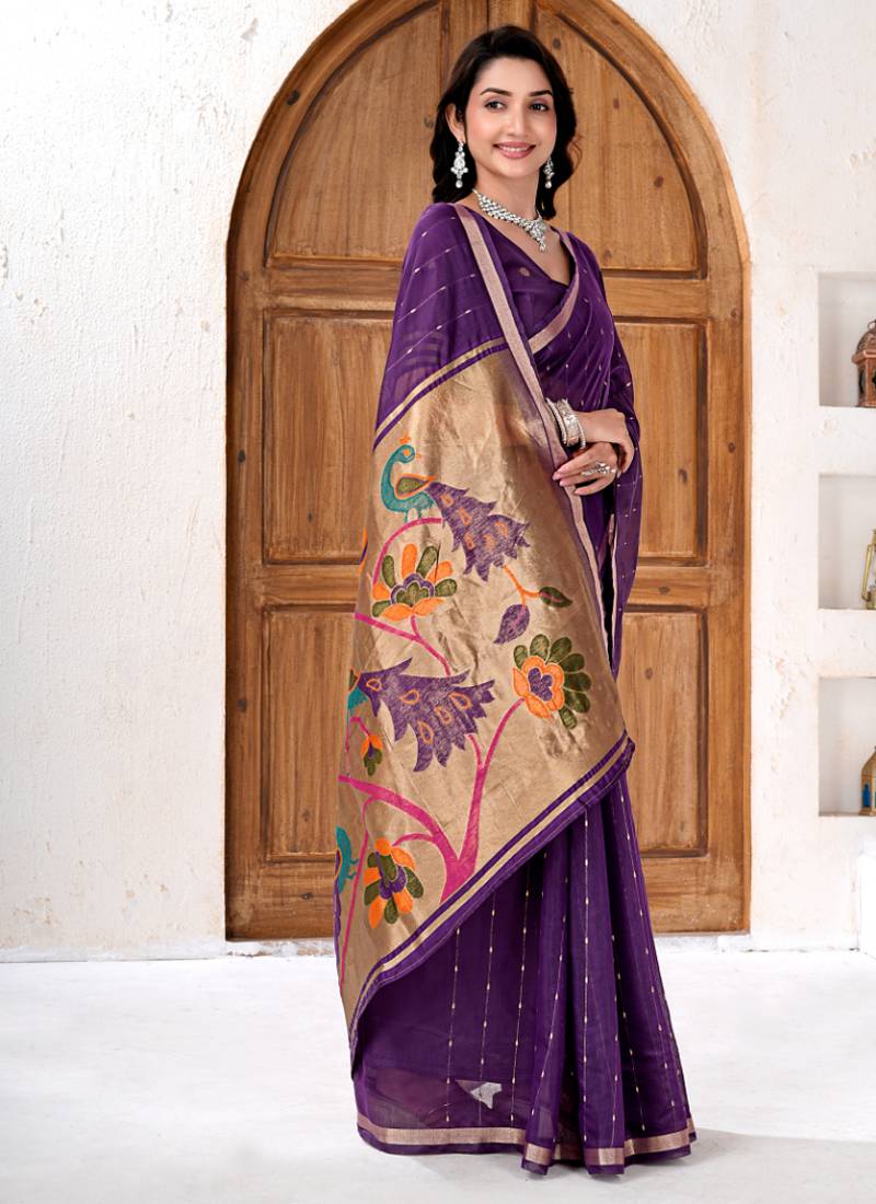 Womens elegant dark purple cotton silk saree with golden zari border and paithani inspired pallu with blouse