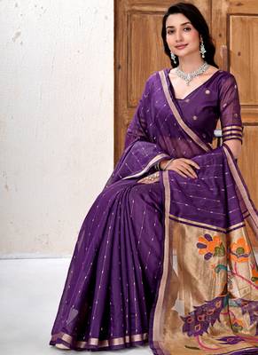 Womens elegant dark purple cotton silk saree with golden zari border and paithani inspired pallu with blouse 4
