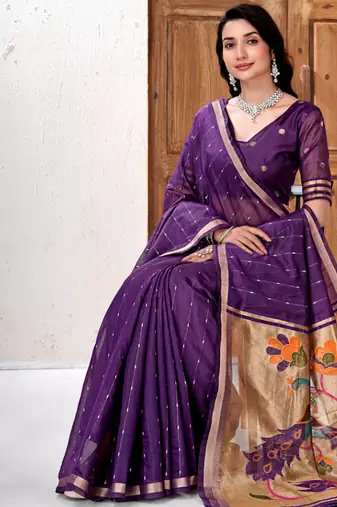 Womens elegant dark purple cotton silk saree with golden zari border and paithani inspired pallu with blouse