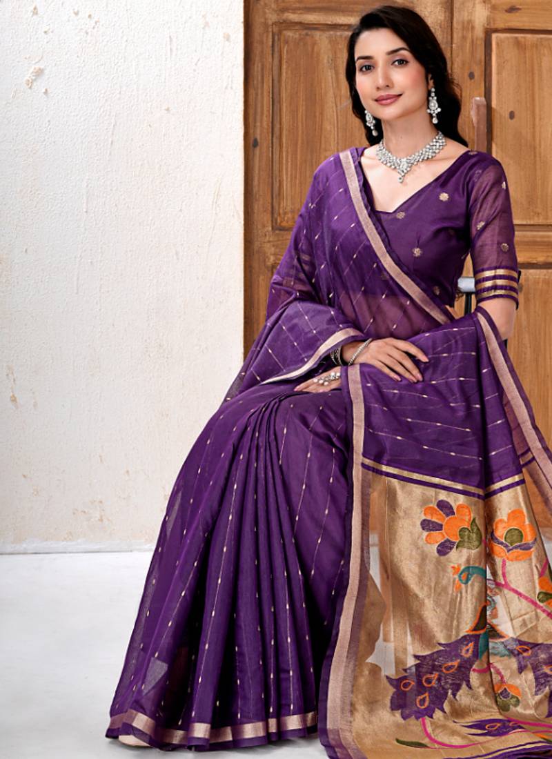 Womens elegant dark purple cotton silk saree with golden zari border and paithani inspired pallu with blouse